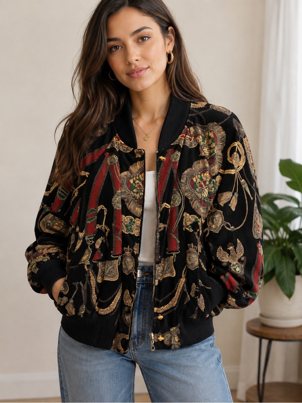 Vintage Bogner Black Velvet Bomber Jacket with Gold and Red Embroidered Motifs